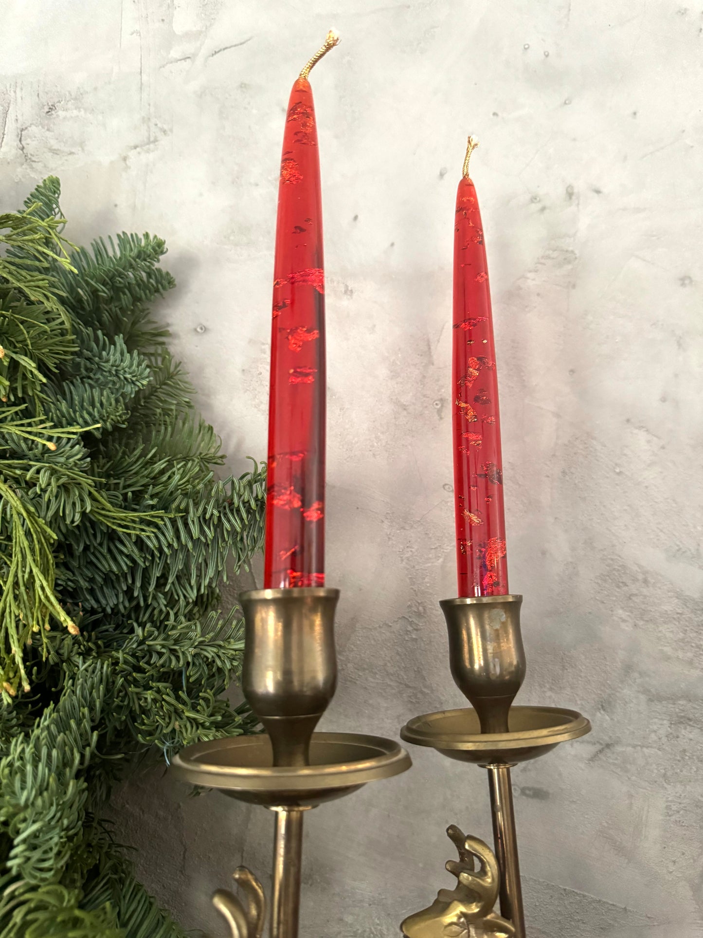 Red Lucite glitter flaked candlestick set | Set 2 | Christmas candles