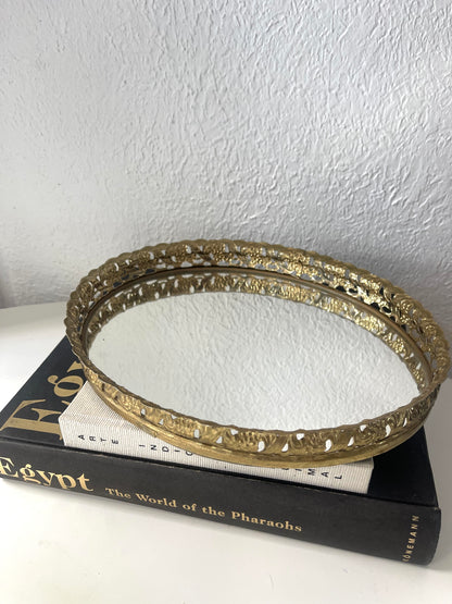 Oval Filigree gold lace vanity mirror tray | Regency style vanity tray catchall