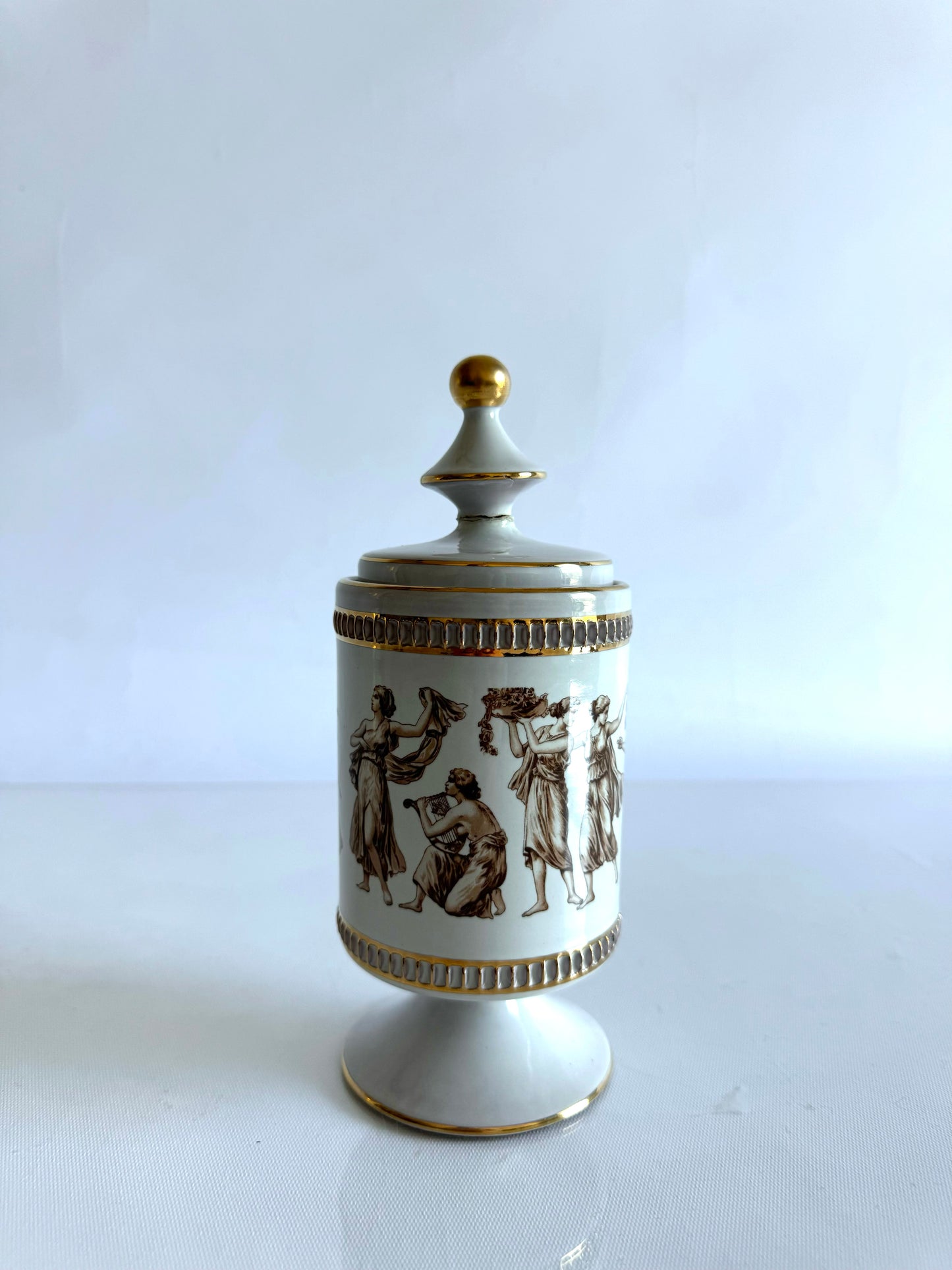 Italian Greek goddess lidded catchall | gold lined with ornate design