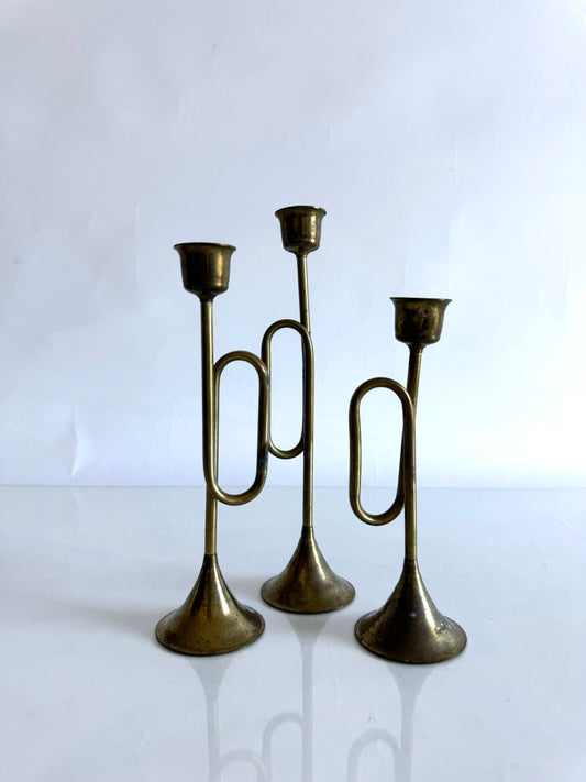 Set of 3 brass horn shaped candlestick holders | Set 3 | vintage Christmas decor