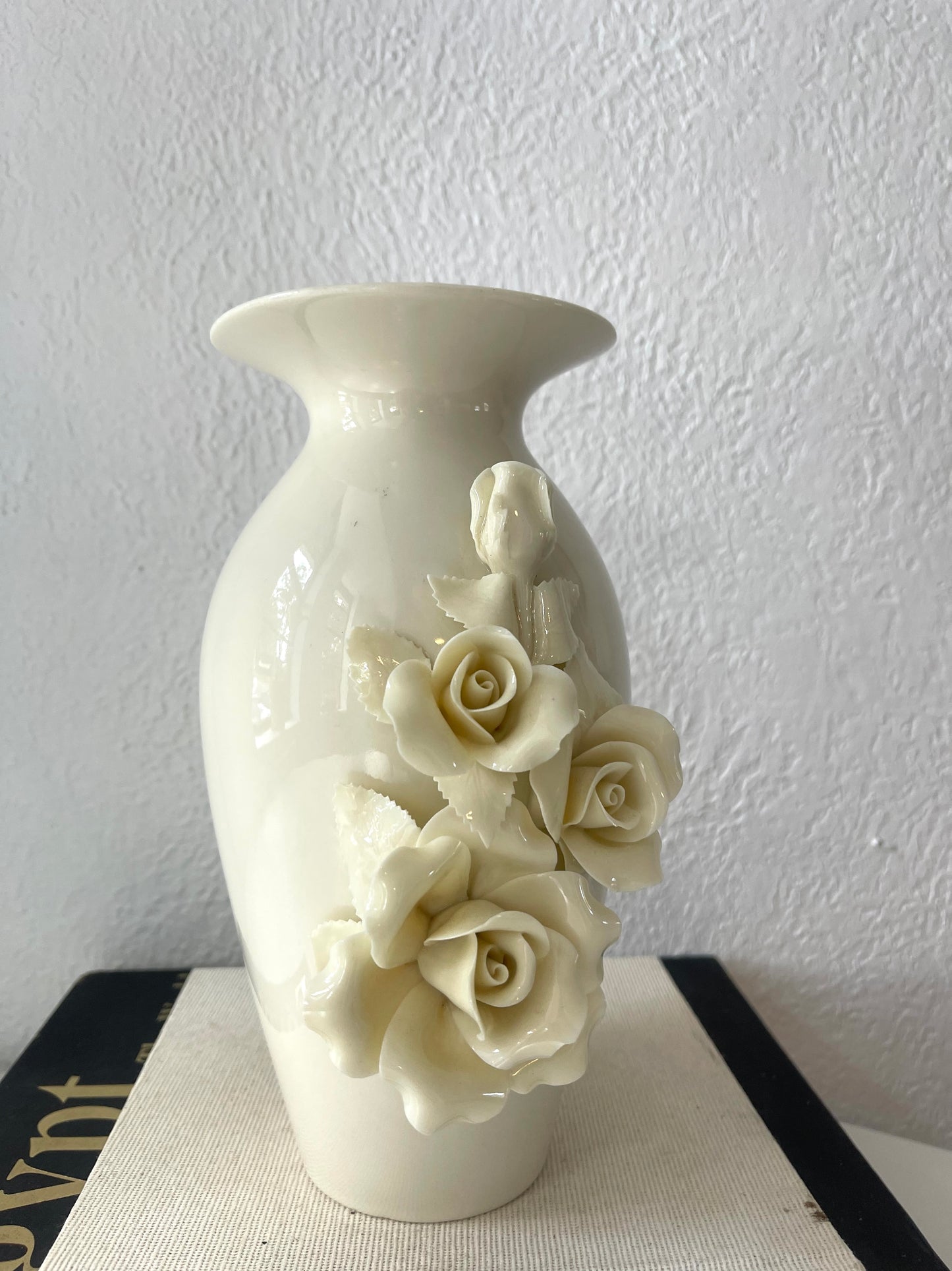 Cream glazed sculpted rose worked vase
