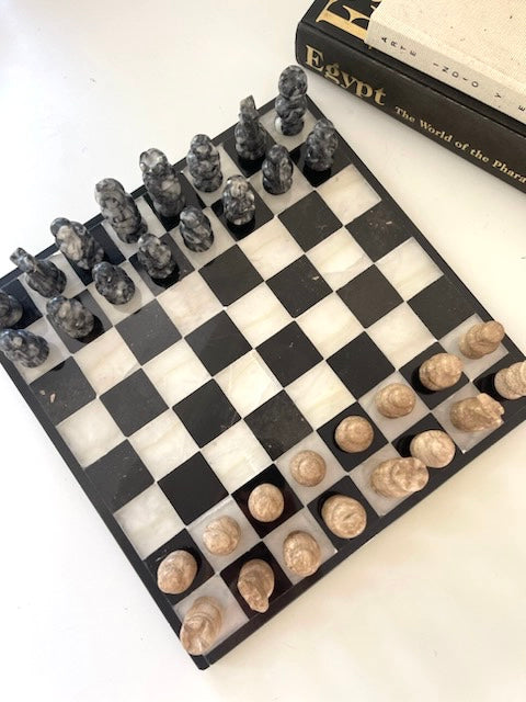 Vintage Black + white marble chess set | pieces included in picture