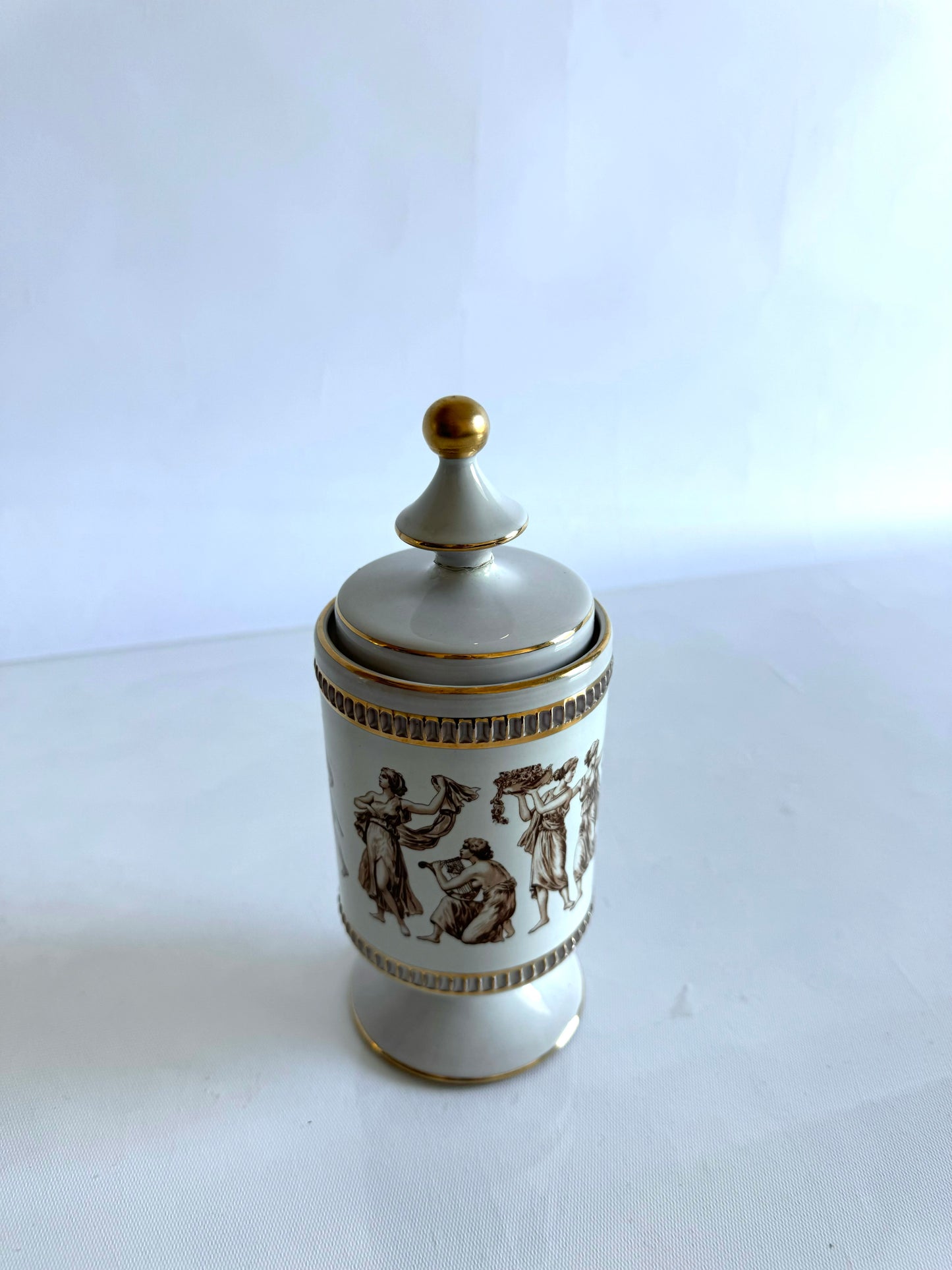 Italian Greek goddess lidded catchall | gold lined with ornate design