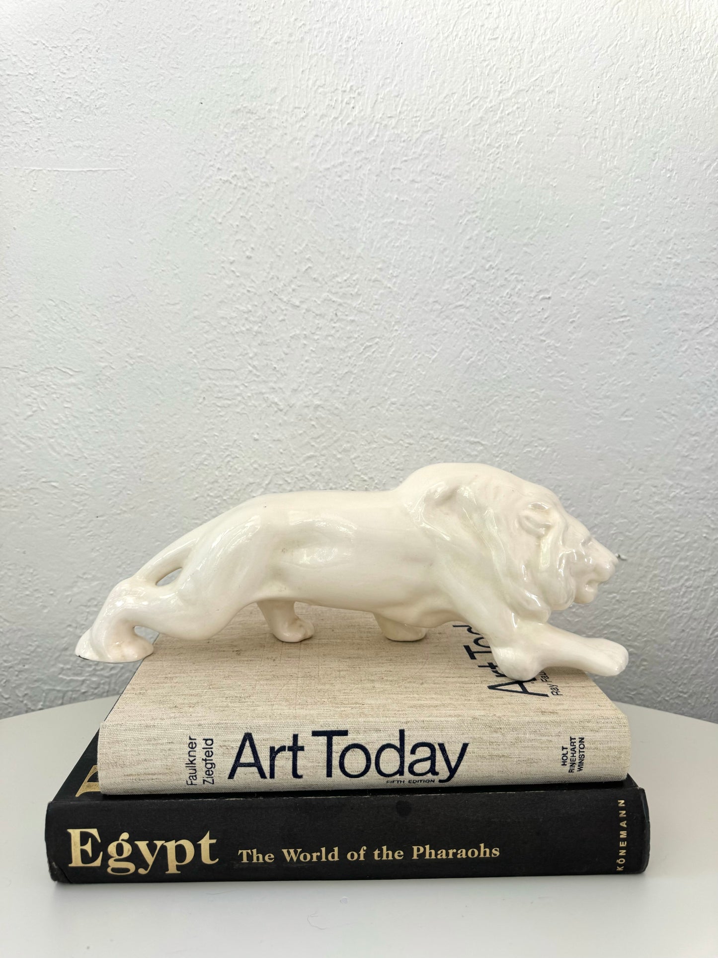 MCM Art Deco ceramic white glazed crouching lion statue