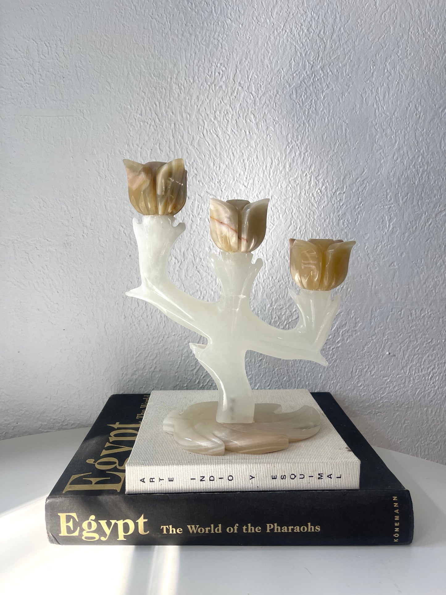 Solid Onyx 3 Tier Tulip candelabra | carved onyx taper candlestick holder