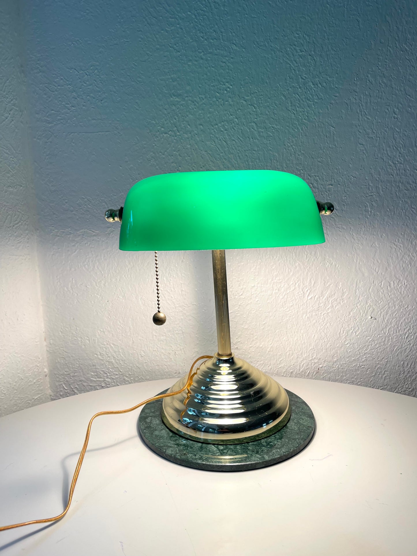 Vintage brass bankers lamp w/ green glass shade