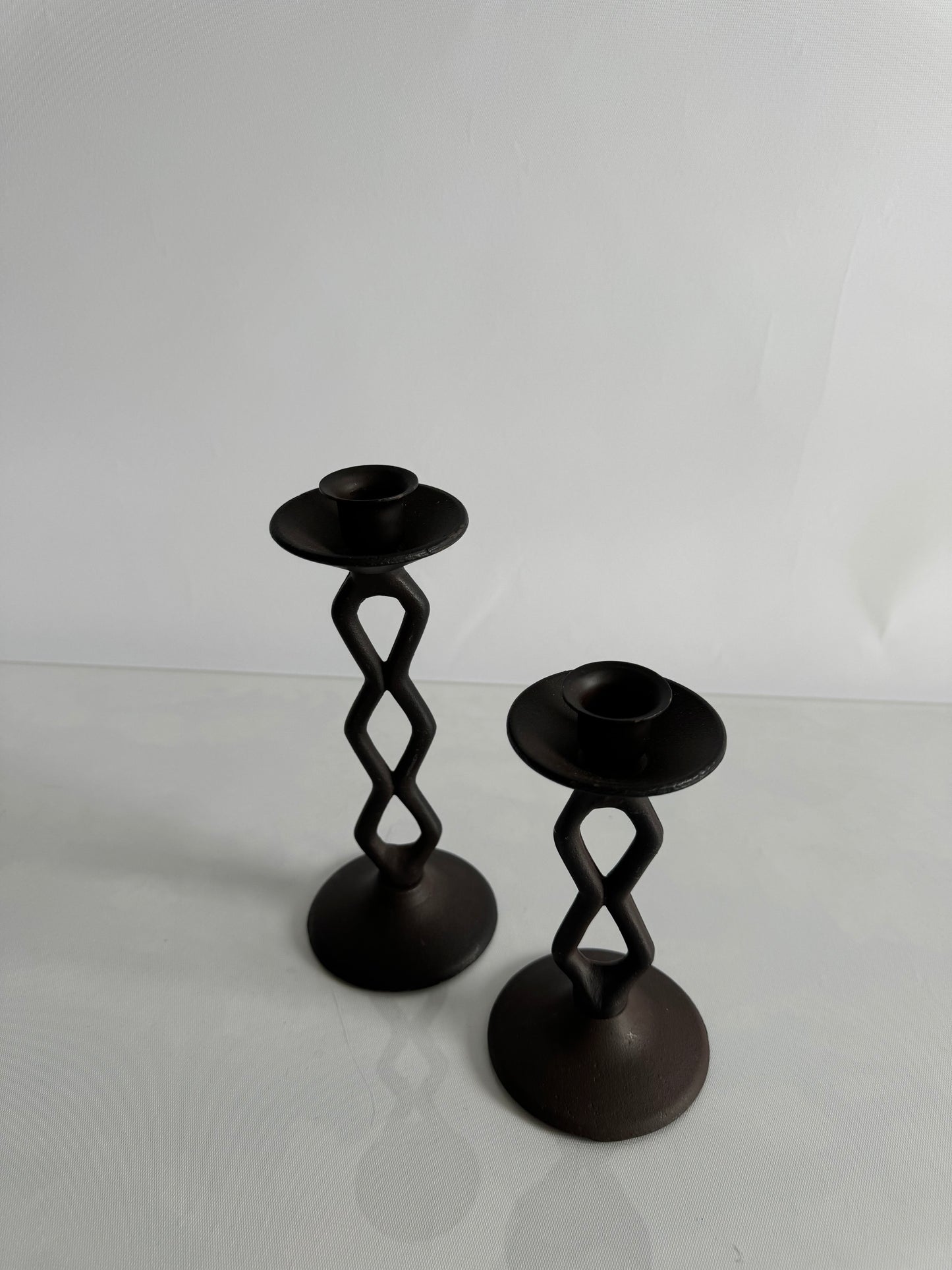 Post modern squiggly wrought iron primitive taper candlestick holders | Set 2