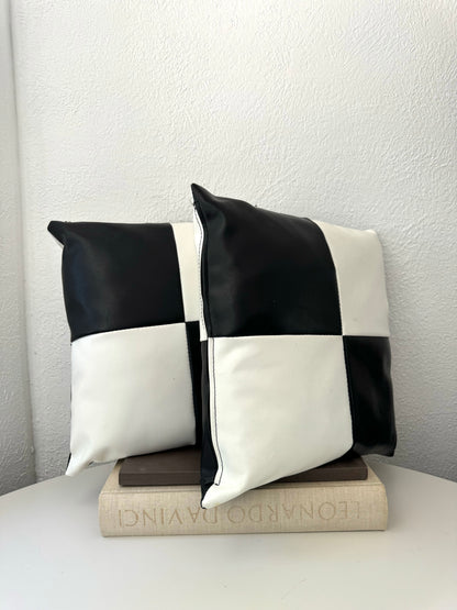 Black + white checkered faux leather pillows | Set 2