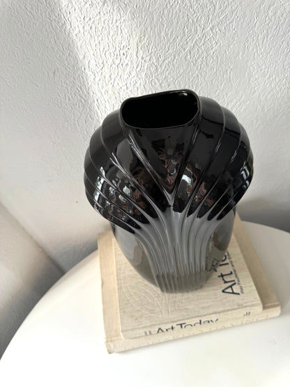 Art Deco Ribbed black glazed floor vase