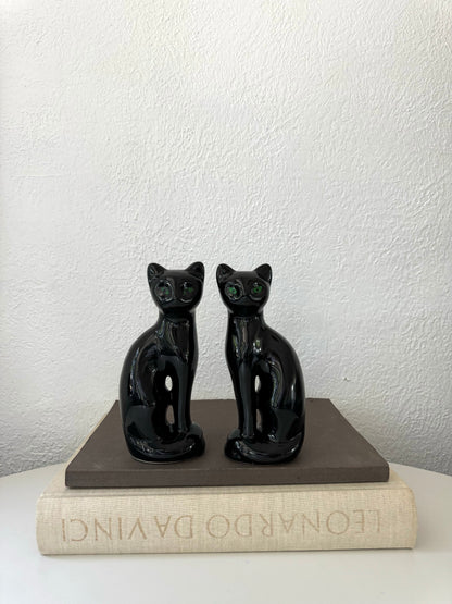 Vintage ceramic black glazed cat statues | Set 2 | wear consistent with age