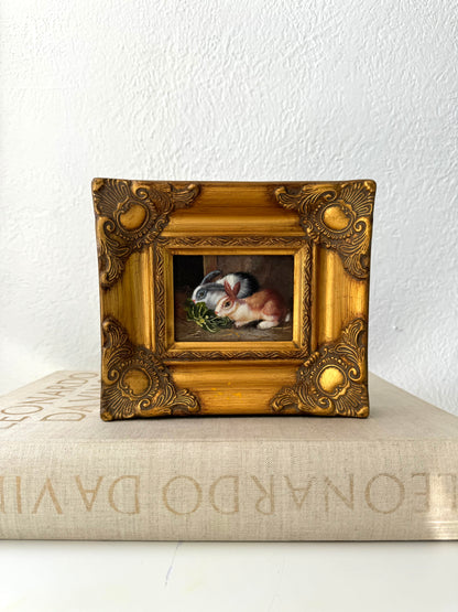 Vintage Rabbit portrait | Painted art w/ gold ornate frame | vintage Spring decor