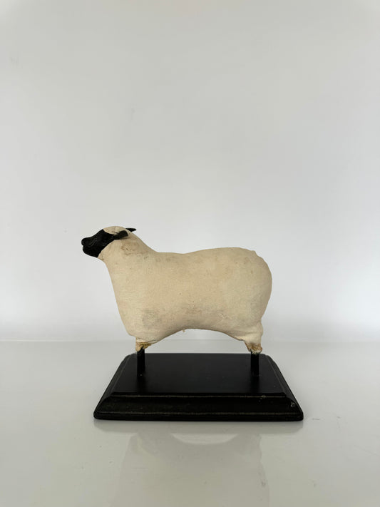 Primitive vintage style lamb sculpture on wood base | bookshelf decor