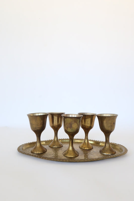 Set of 5 mini brass goblet set with tray | barware cordial set