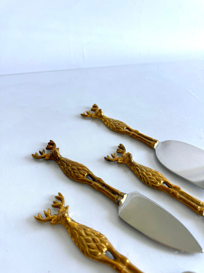 Set of 4 gold | silver tone reindeer cheese serving utensils | vintage Christmas kitchenware