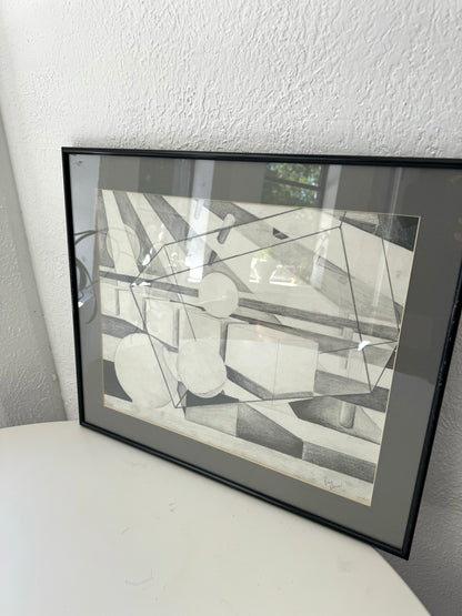 Signed abstract shapes framed art | modernist wall art | Signed R Rohnson