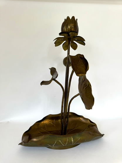 MCM brass Lotus centerpiece taper candle holder | Hollywood Regency decor | Feldman style decor