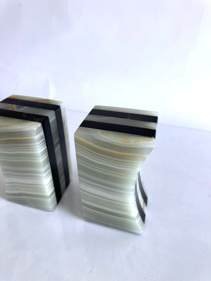 MCM Art Deco striped Onyx | marble bookends | Set 2