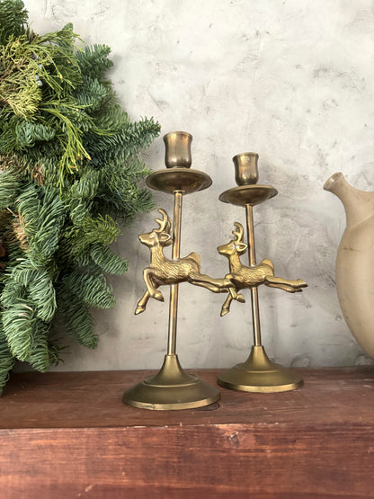 Pair of Brass flying Reindeer taper candlestick holders | Set 2