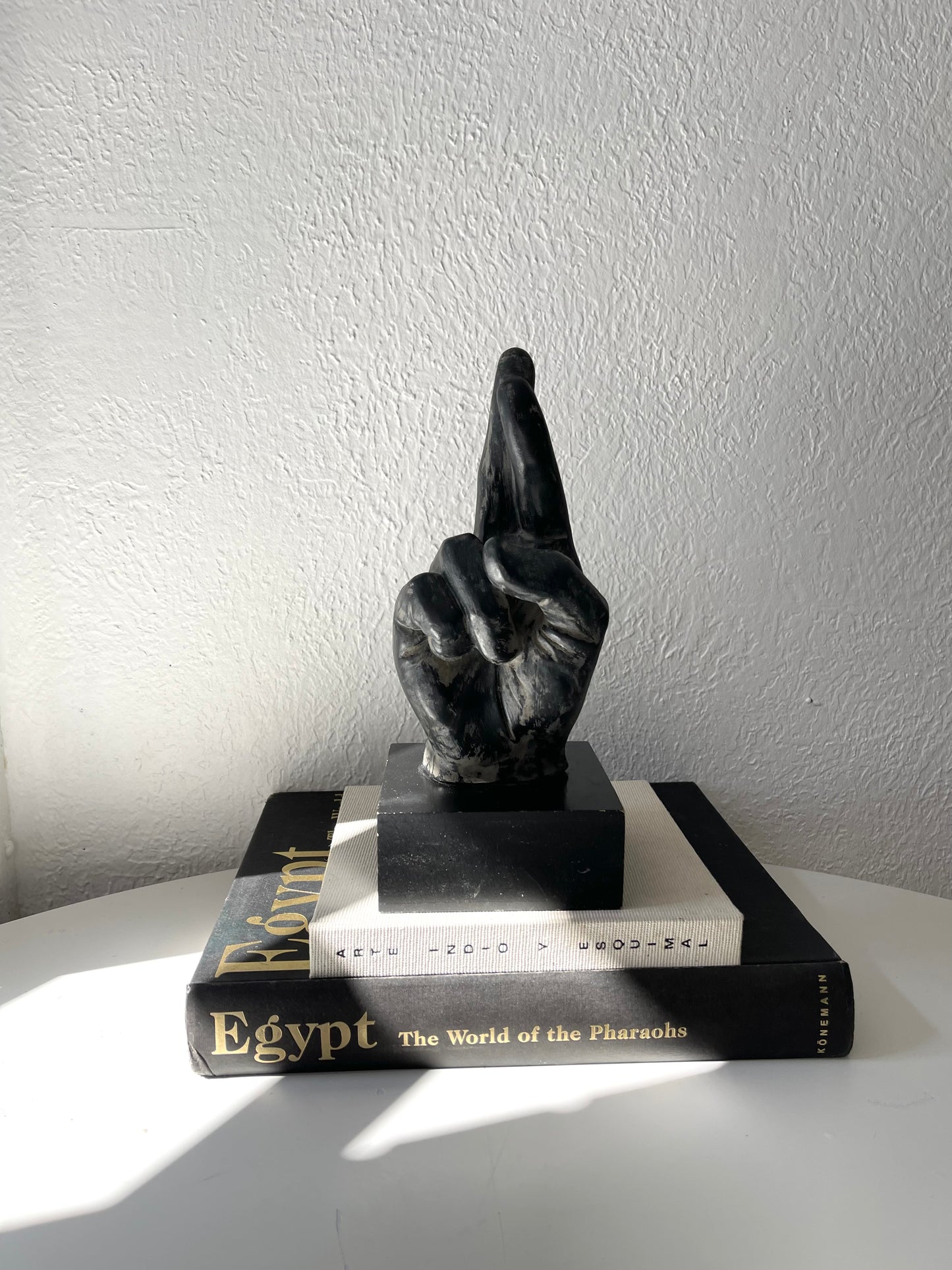 Fingers crossed  hand statue on wood base | hand sculpture self decor