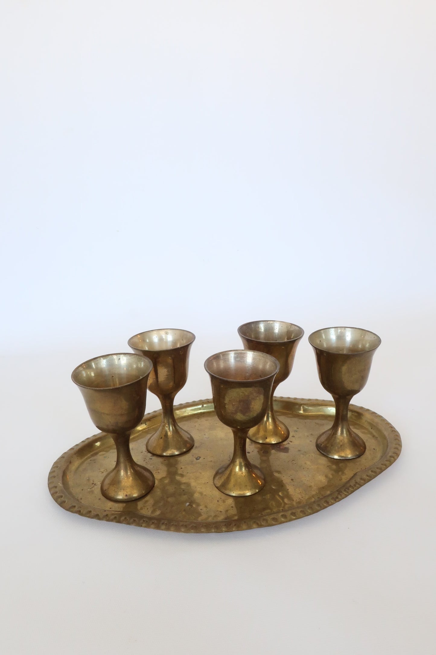 Set of 5 mini brass goblet set with tray | barware cordial set