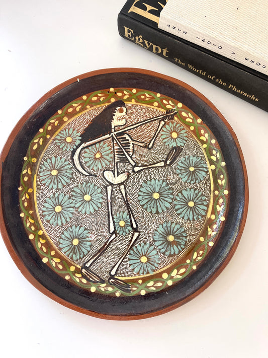 Handmade folk art pottery wall plate | Vintage Day of the dead decor