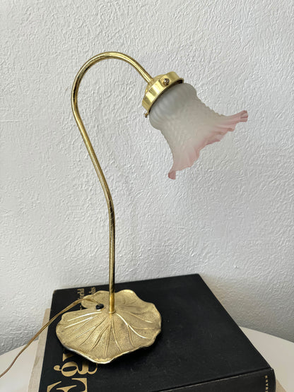Gold gooseneck lilly pad accent table lamp w/ tulip pink lined frosted glass shade | vanity table lamp