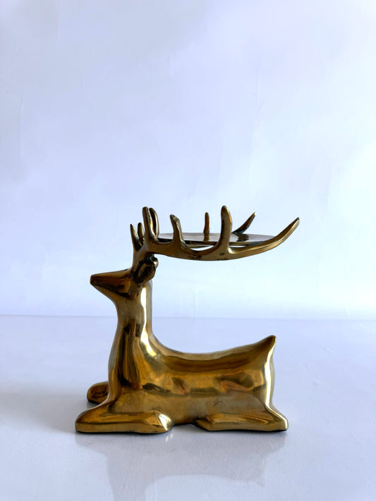 Brass sitting reindeer pillar candle holder | vintage Christmas decor