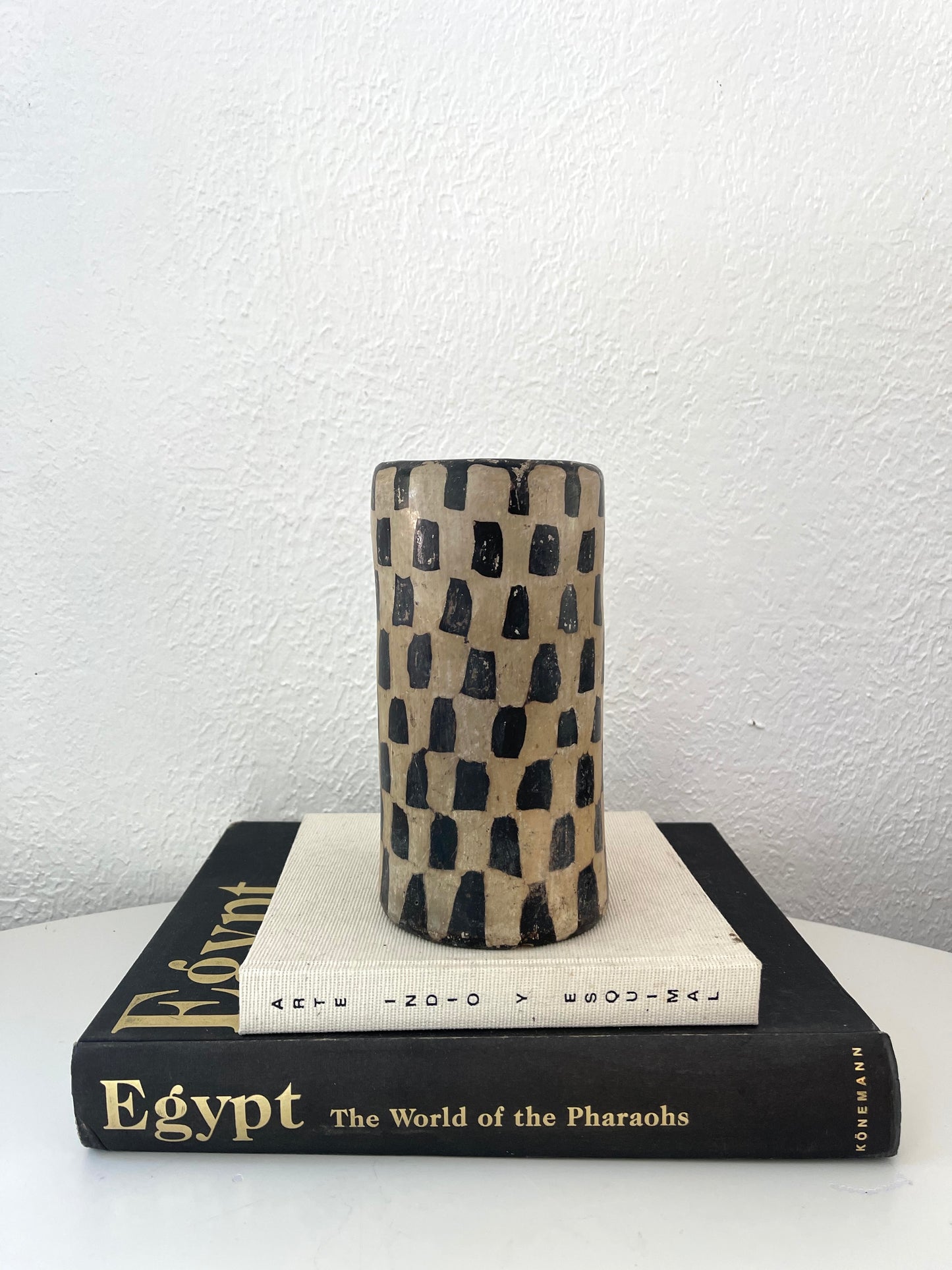 Vintage handmade checkered pottery utensil holder | catchall
