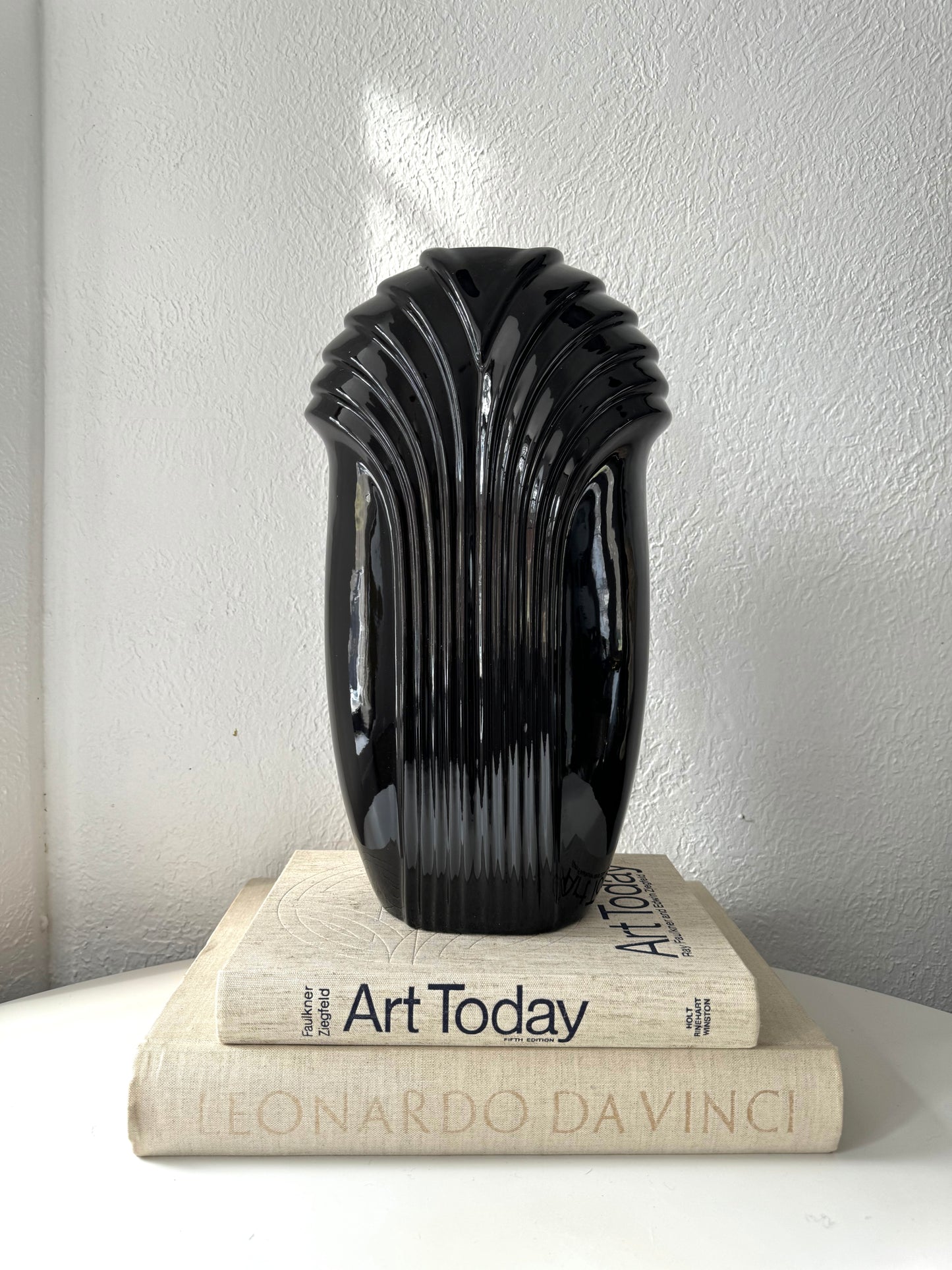 Art Deco Ribbed black glazed floor vase