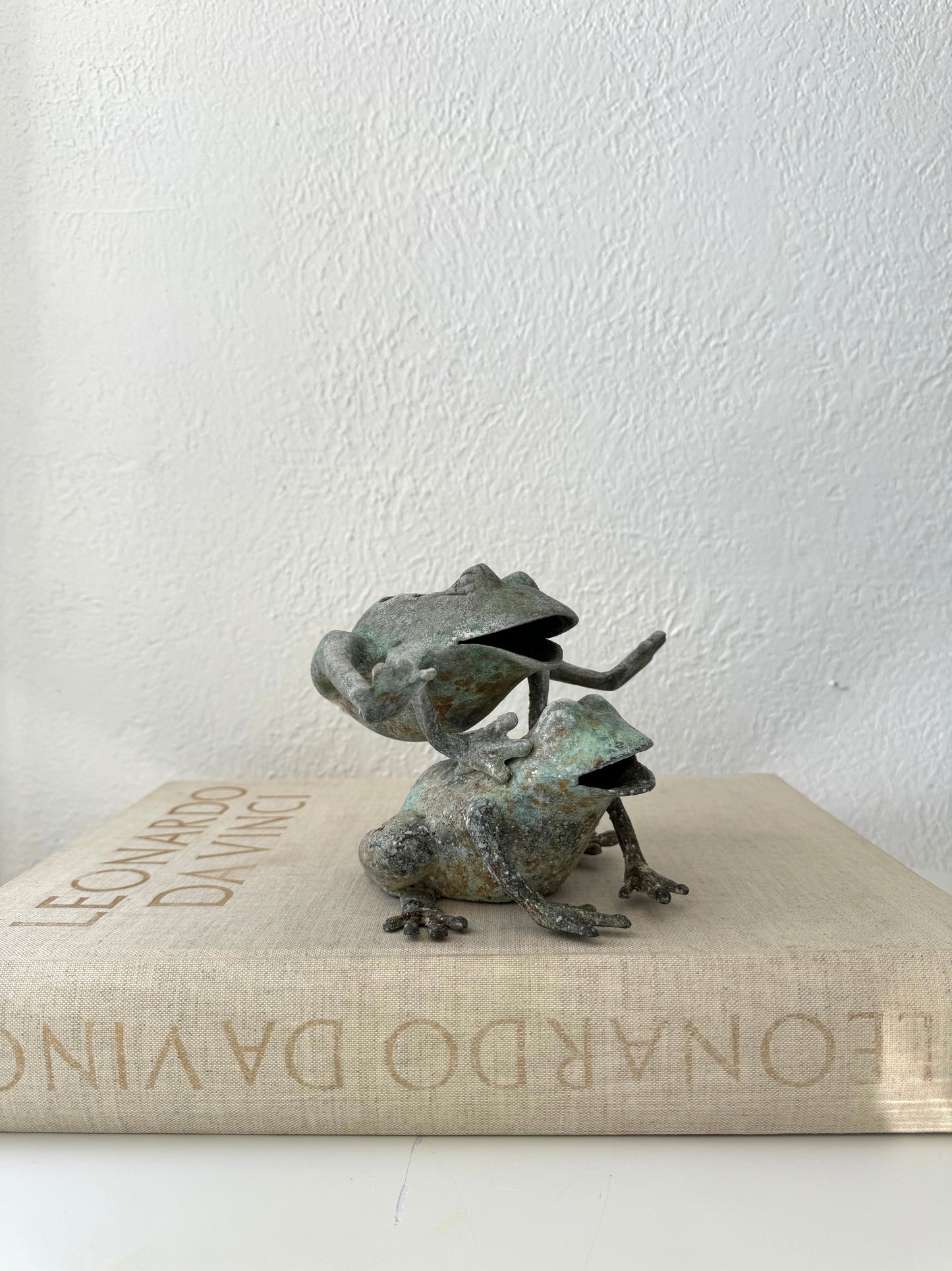 Metal frog | flower frog garden sculpture oxidized w/ green patina