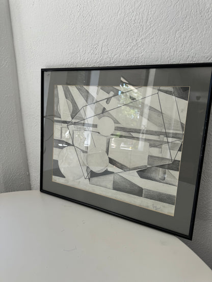 Signed abstract shapes framed art | modernist wall art | Signed R Rohnson