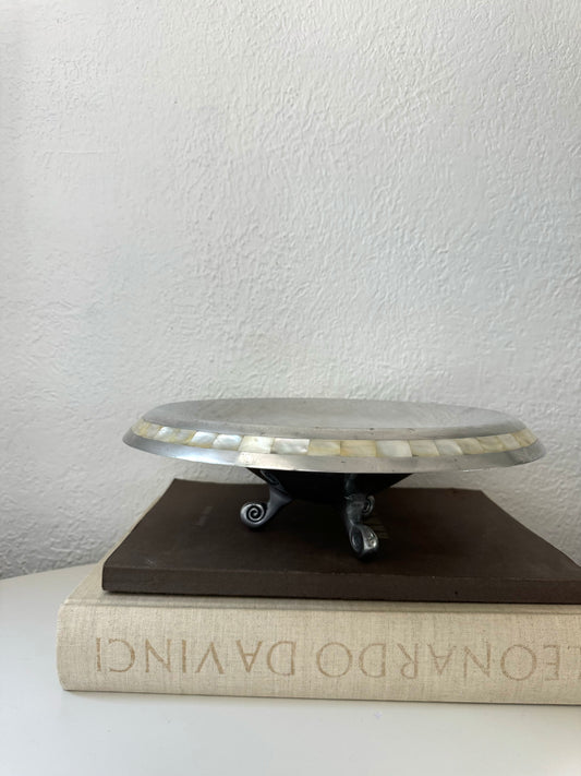 Large pewter | aluminum | mother of pearl footed serving bowl | centerpiece serving bowl