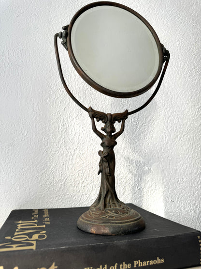 Art Nuevo ornate cast iron table top vanity mirror | MCM tabletop decor