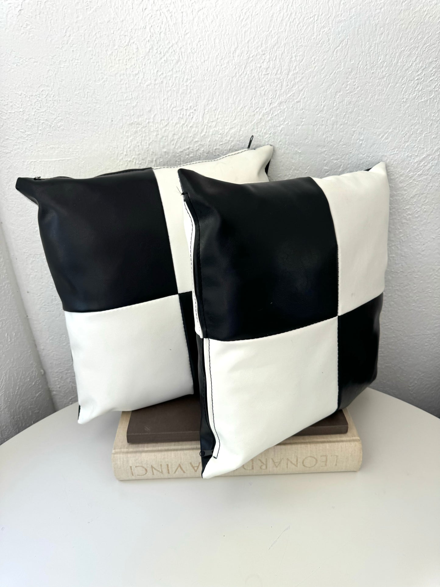 Black + white checkered faux leather pillows | Set 2