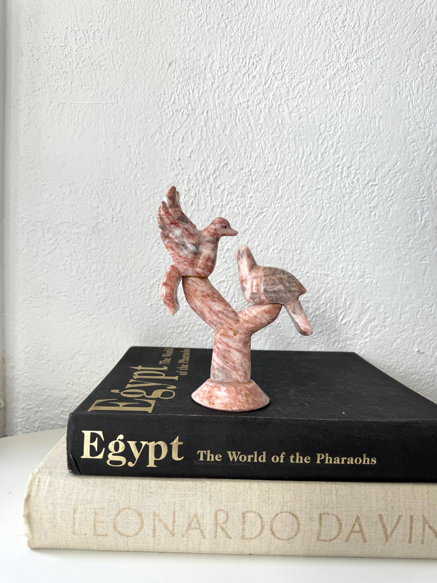 Pink marble hand-carved love bird sculpture