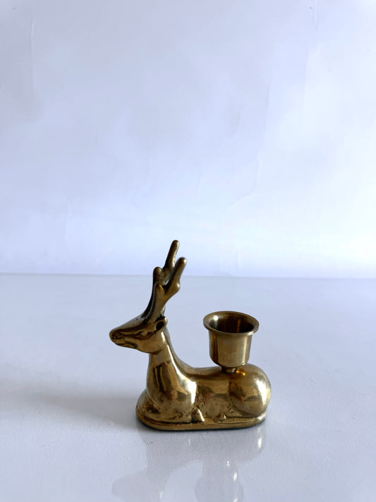 Kneeling brass reindeer taper candle holder | vintage Christmas decor