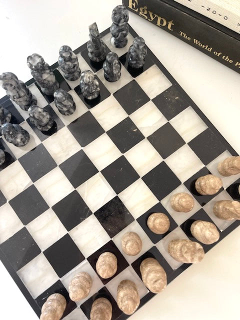 Vintage Black + white marble chess set | pieces included in picture