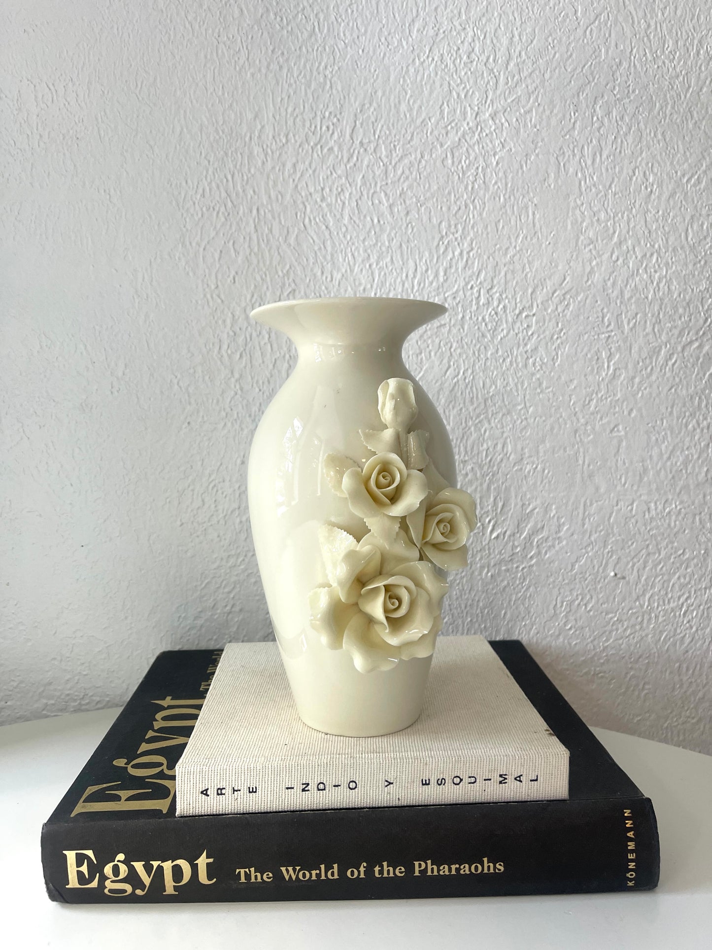 Cream glazed sculpted rose worked vase
