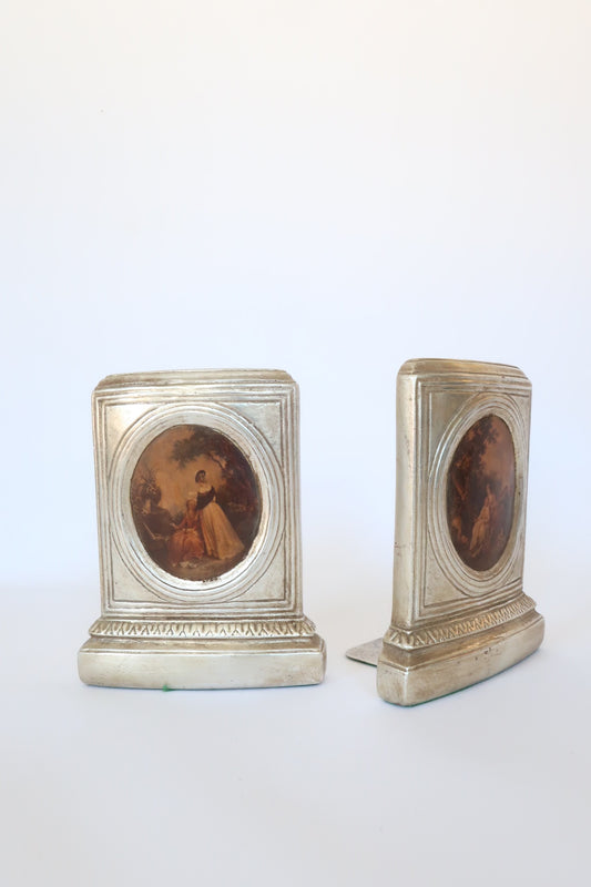 Ornate Renaissance portrait w/ platinum toned border bookends | Set 2