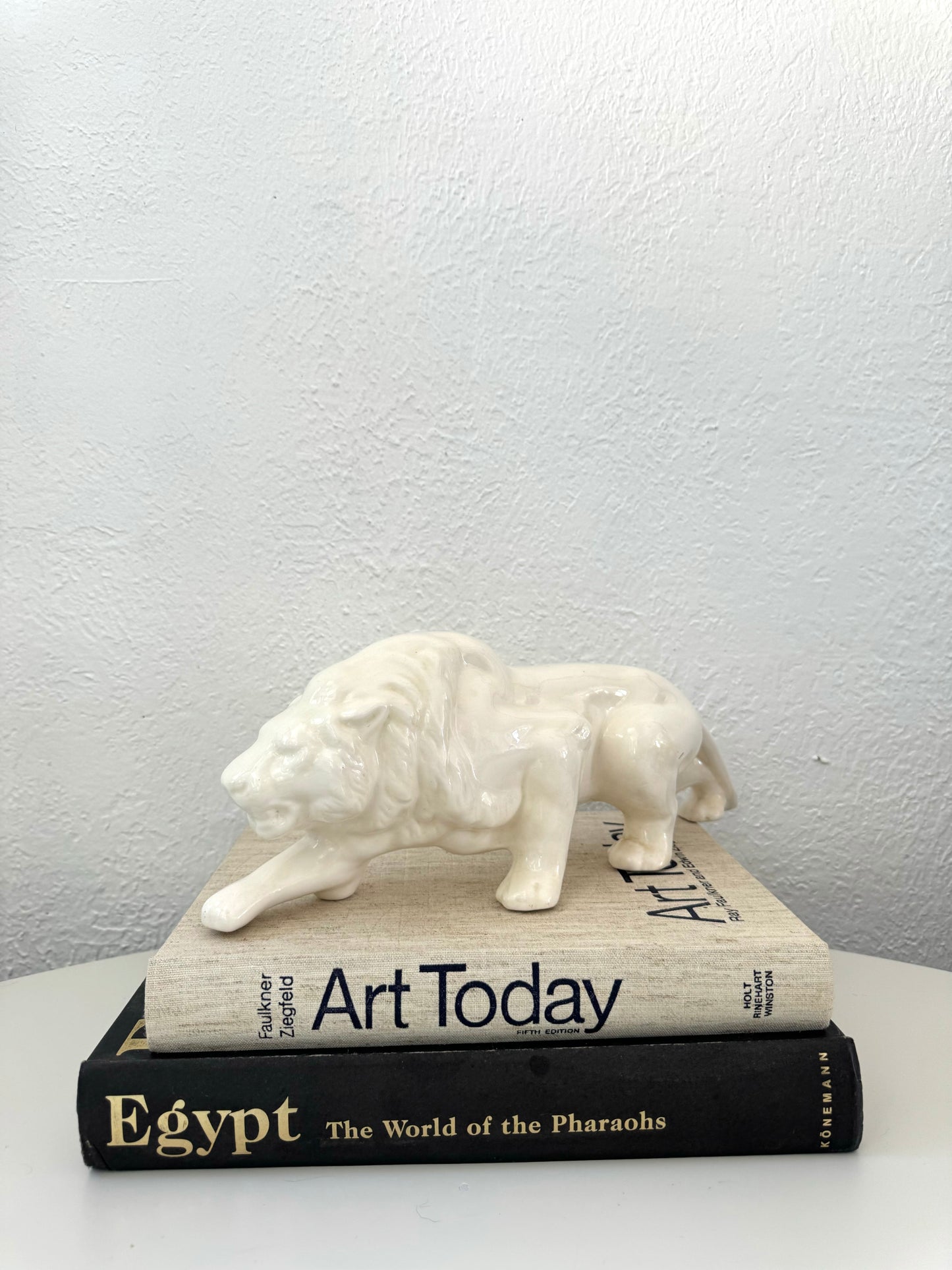 MCM Art Deco ceramic white glazed crouching lion statue