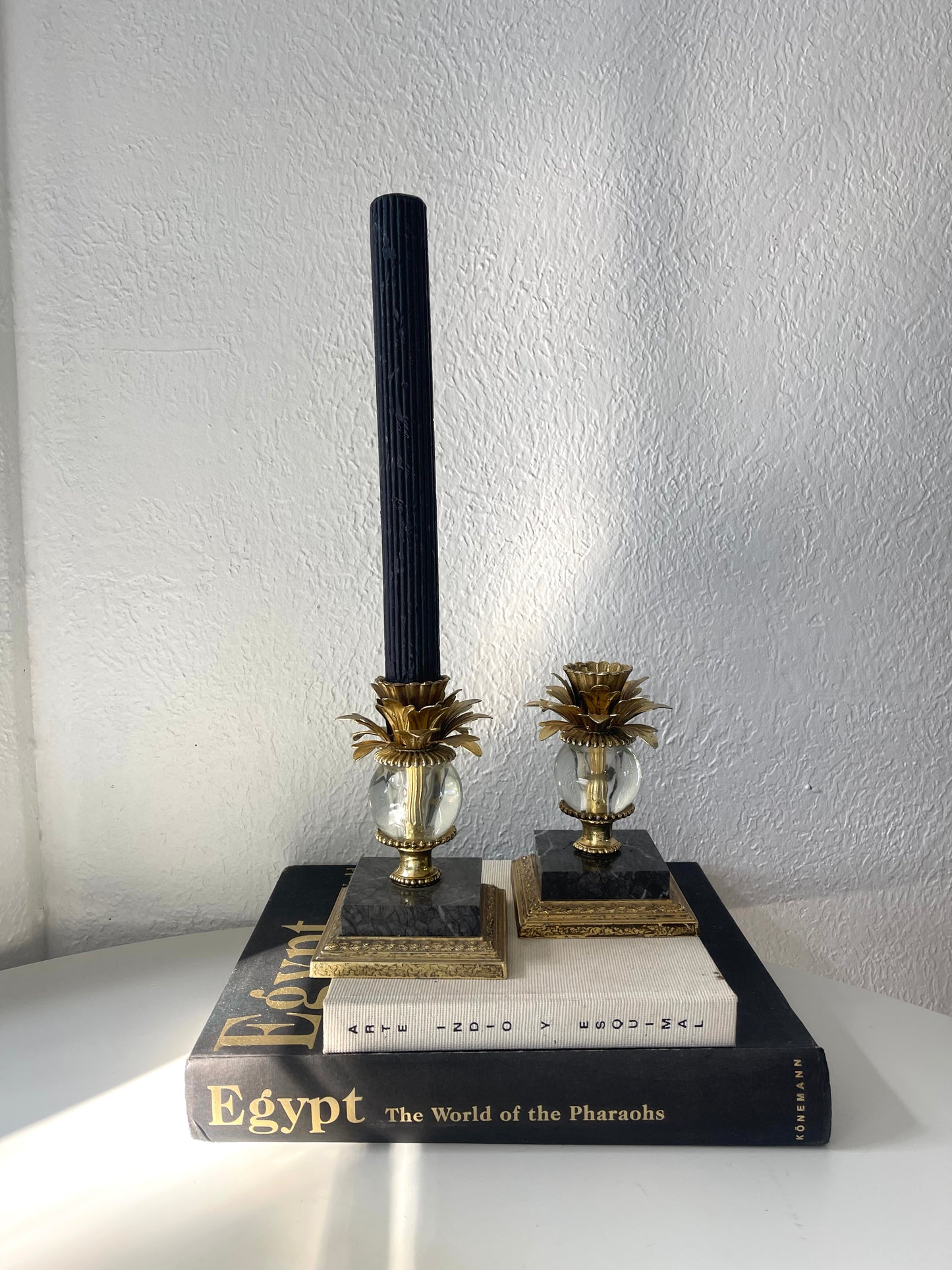 VTG Dilly MFG ornate gold tone + marble taper candlestick holders | Set 2