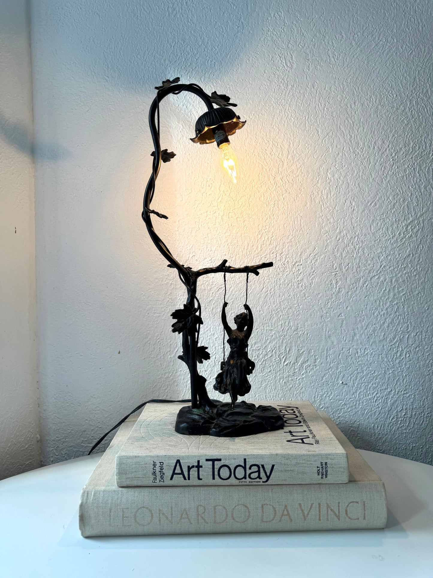 Victorian Iron metal tree ornate table lamp + swinging lady sculpture