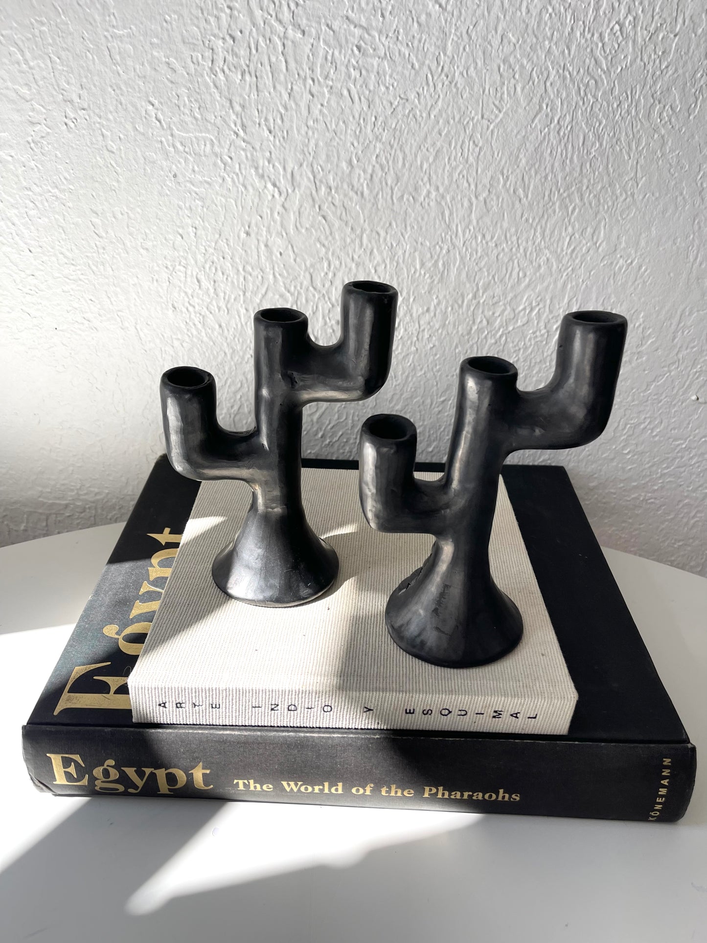 Vintage black pottery hand sculpted taper candlestick holders | Set 2