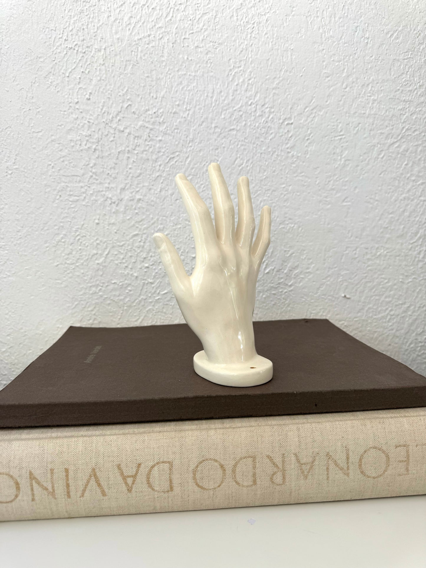 White glazed ceramic hand sculpture | vintage bathroom wall hanging decor