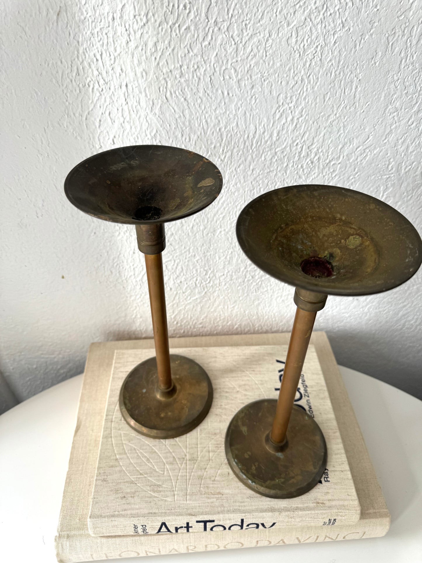 Pair brass MCM modernist taper candlestick holders | Set 2