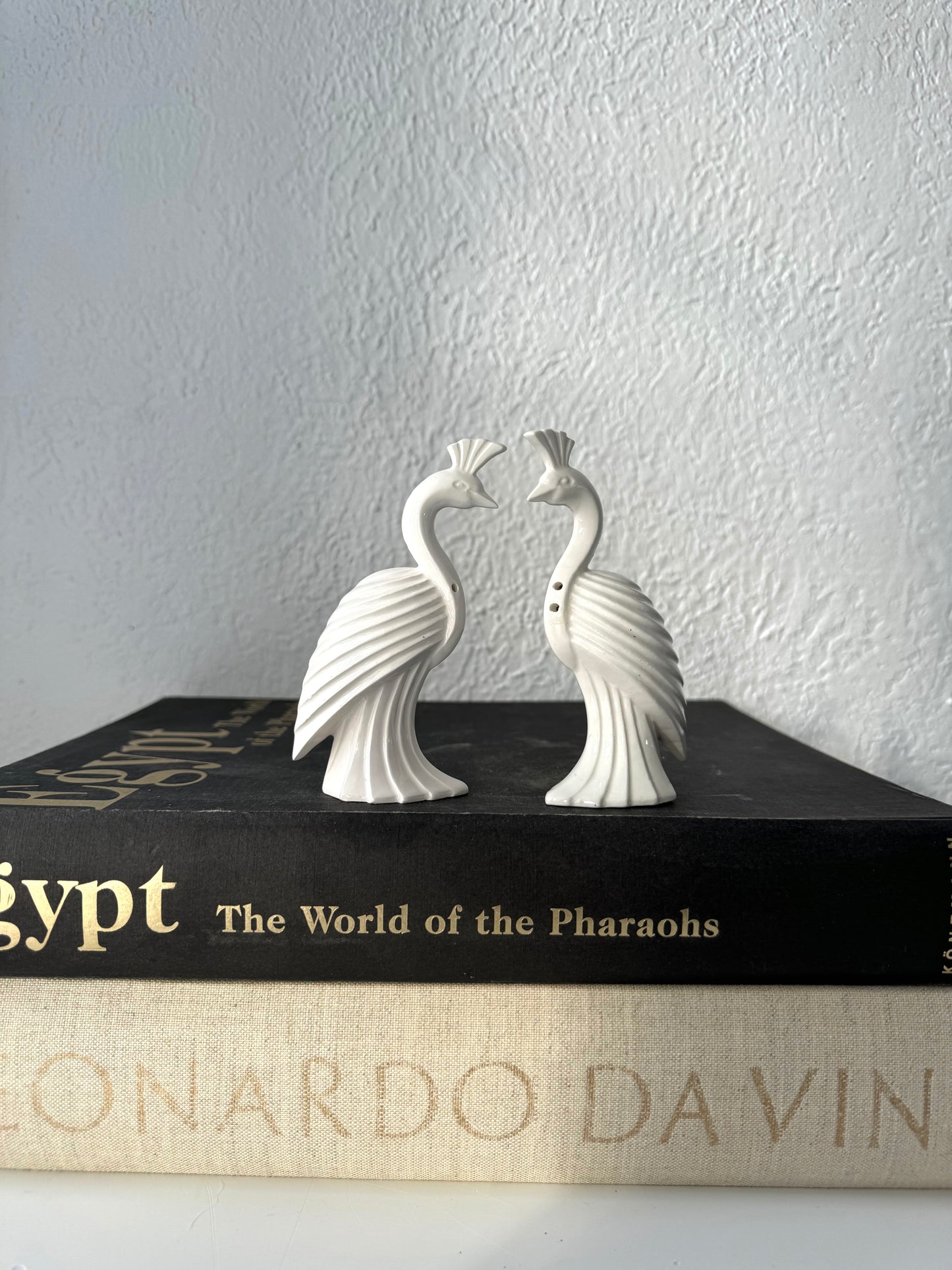 Fitz & Floyd white peacock salt + pepper shaker set