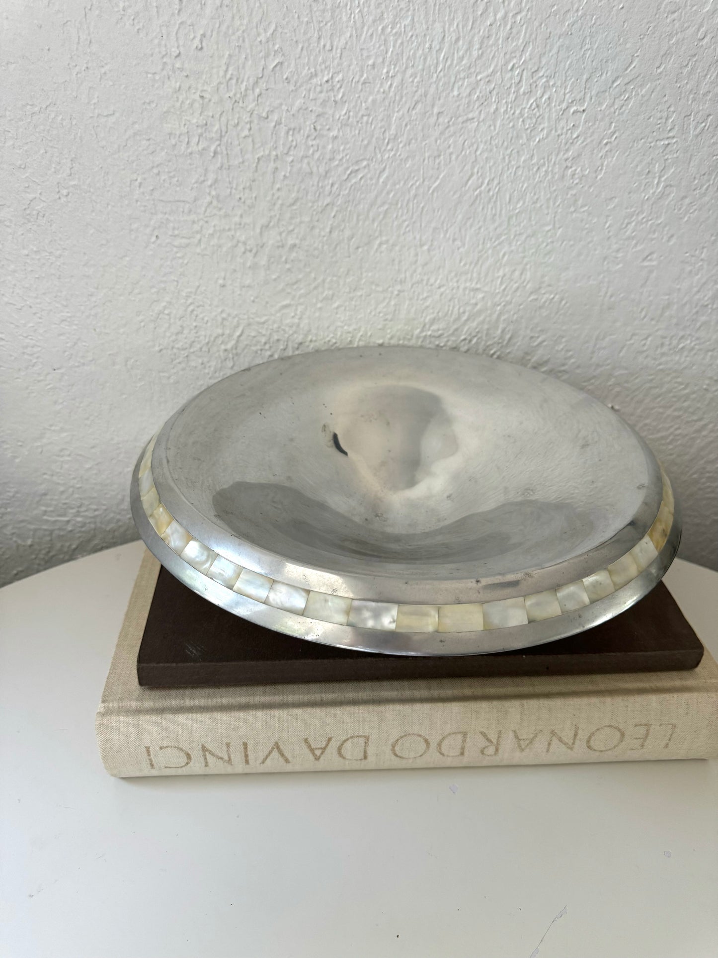 Large pewter | aluminum | mother of pearl footed serving bowl | centerpiece serving bowl