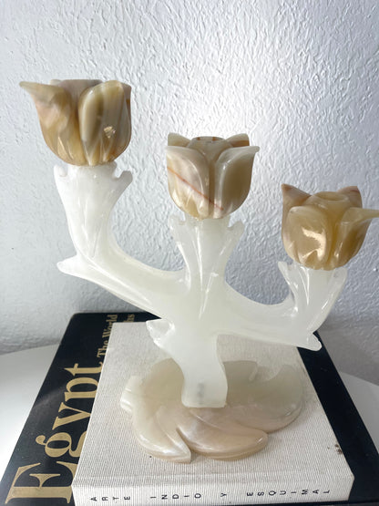 Solid Onyx 3 Tier Tulip candelabra | carved onyx taper candlestick holder
