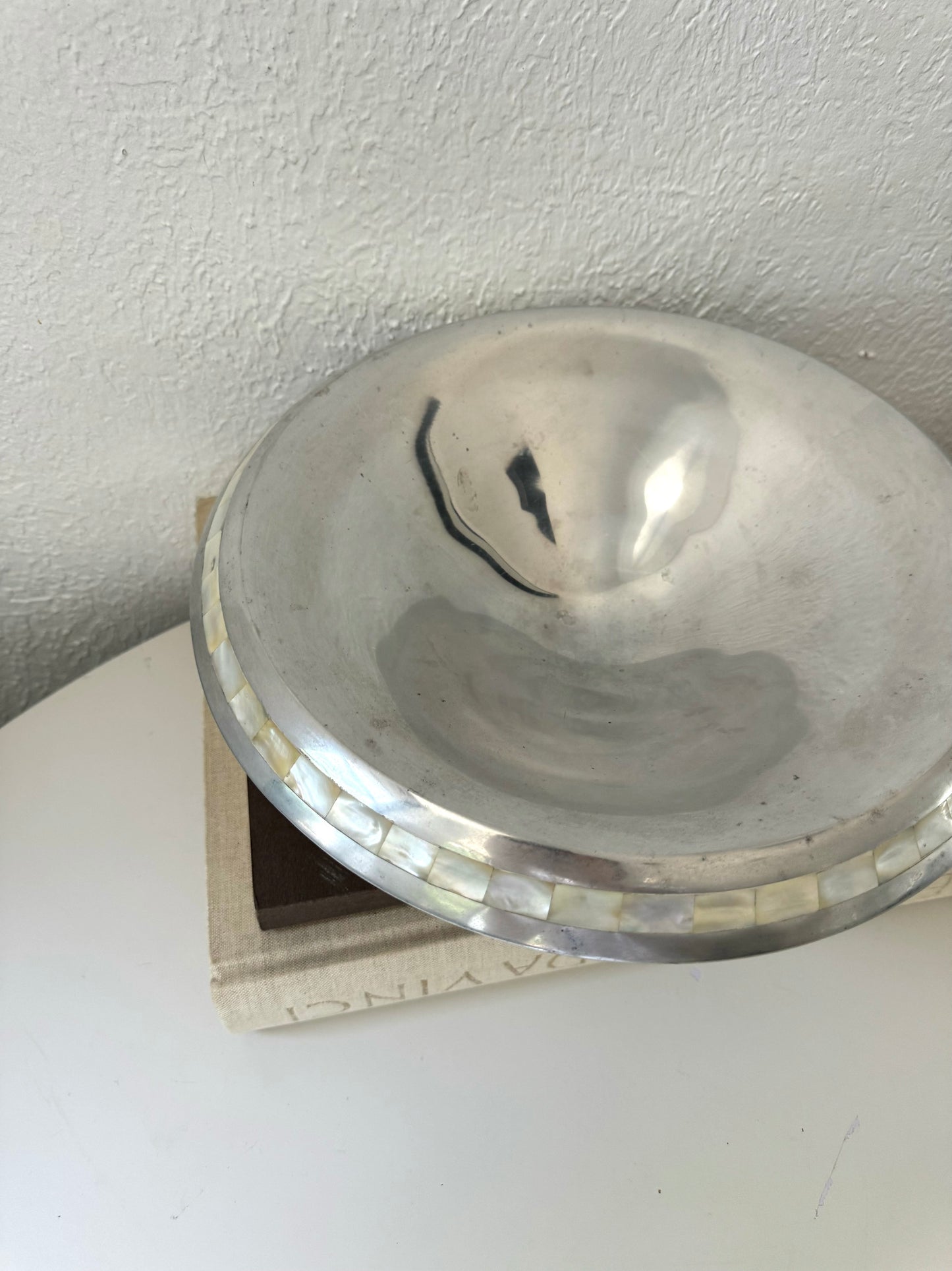 Large pewter | aluminum | mother of pearl footed serving bowl | centerpiece serving bowl