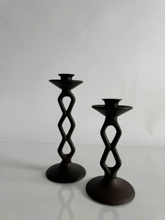 Post modern squiggly wrought iron primitive taper candlestick holders | Set 2